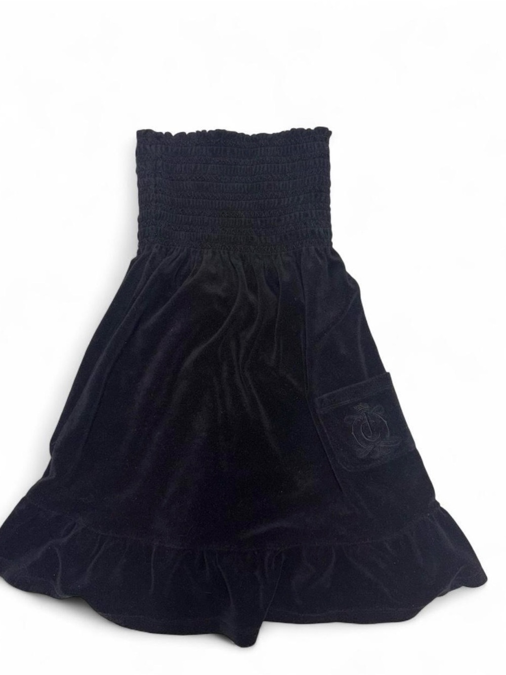 Vintage Juicy Couture Black Velvet Strapless Smocked Skirt with Pocket Detail